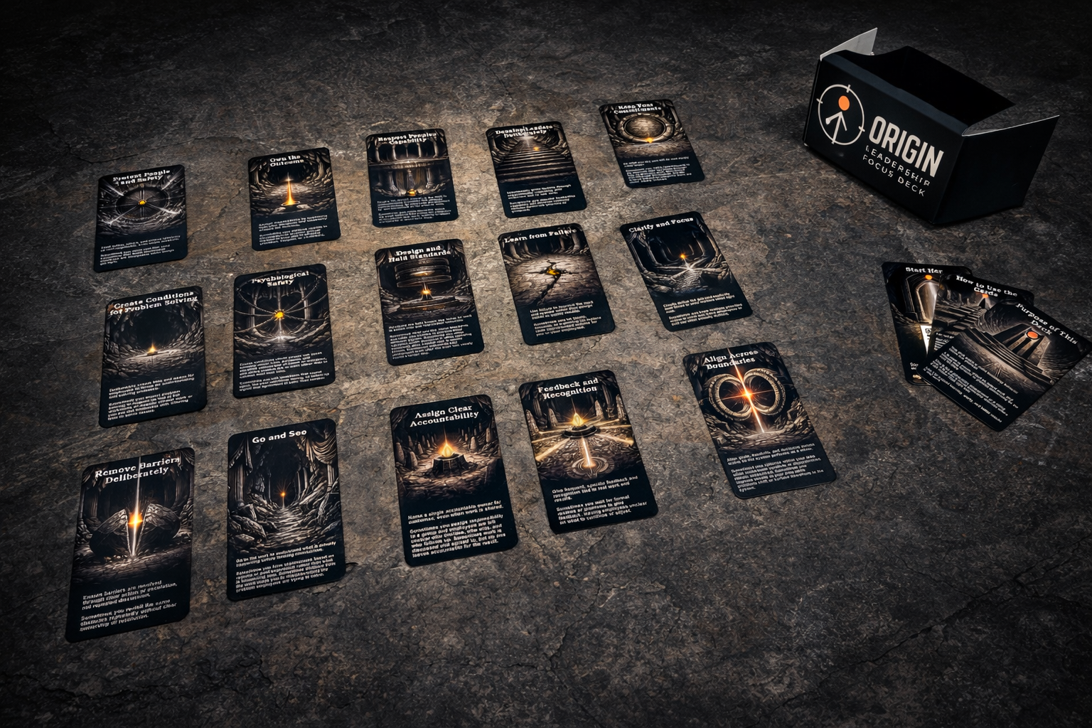 Full layout of all Origin Leadership Focus Deck™ cards and box